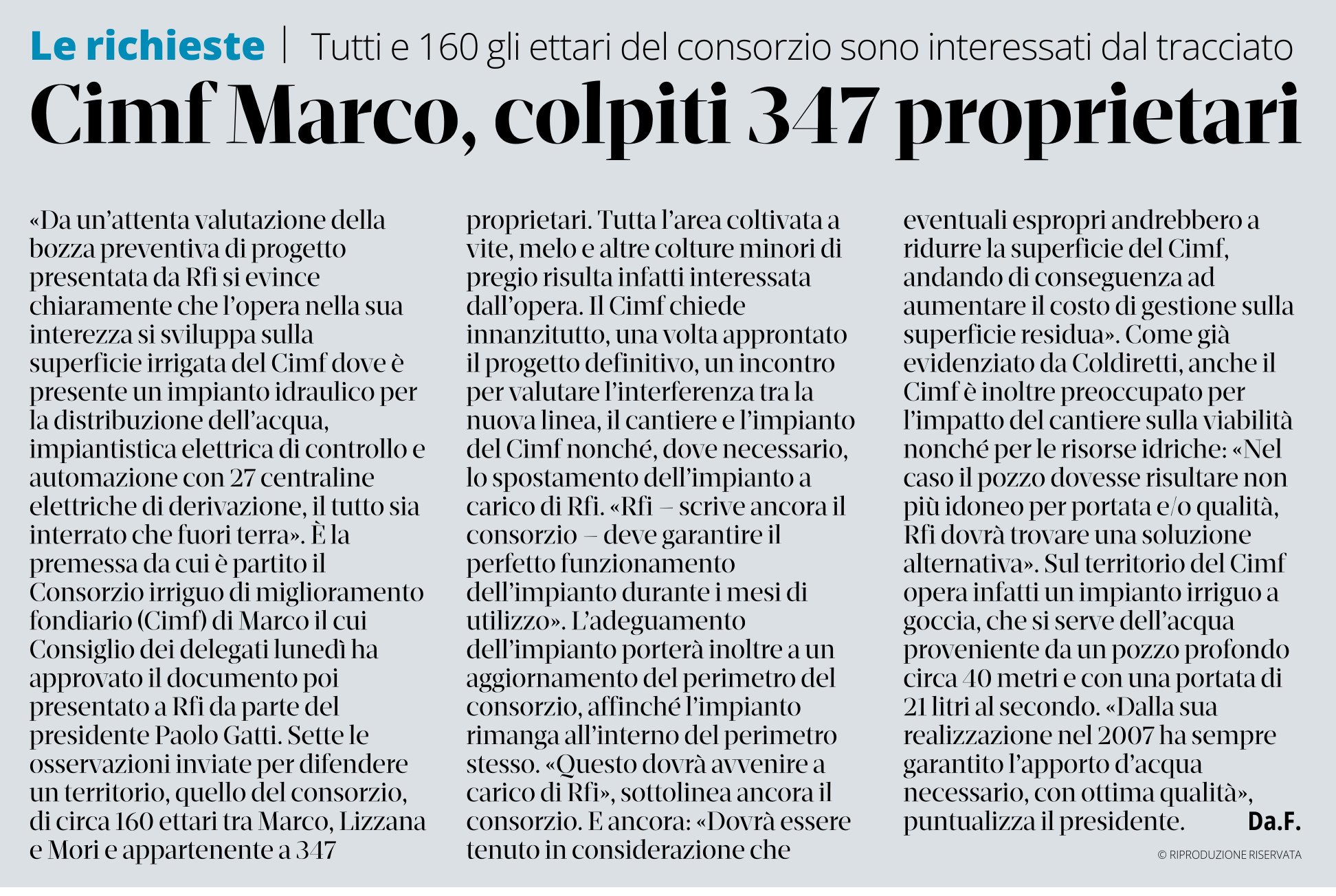Dalla stampa: "Bypass ferroviario: CIMF Marco, colpiti 347 proprietari".