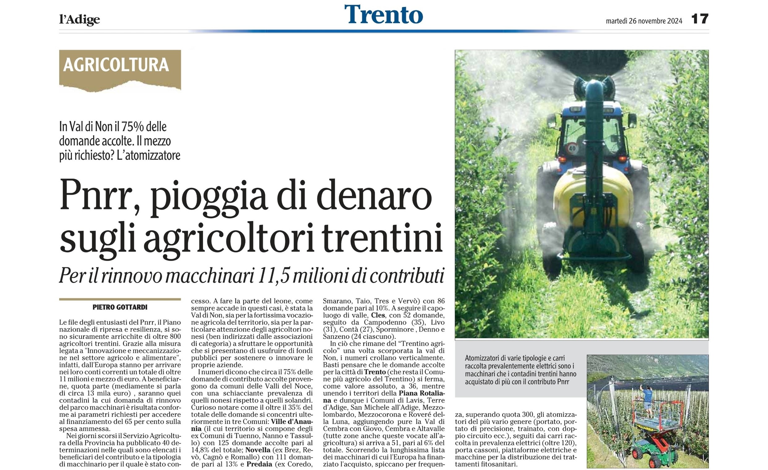 Dalla stampa: "PNRR, pioggia di denaro sugli agricoltori trentini"