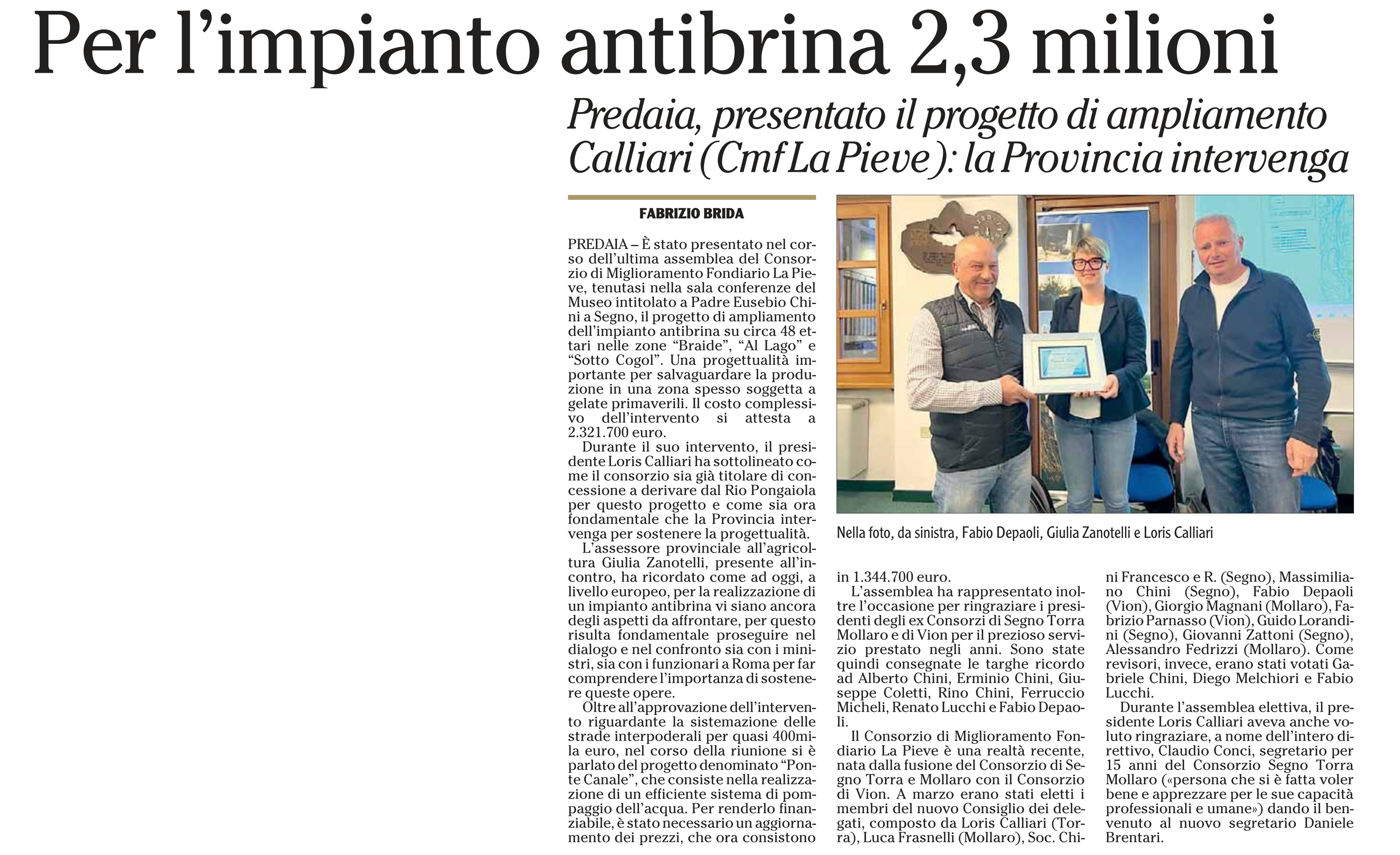 Dalla stampa: "Per l'impianto antibrina 2,3 milioni". 