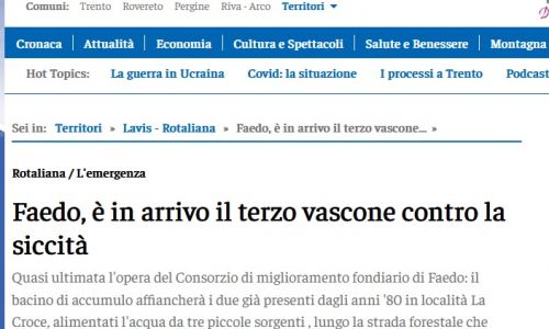 Dal web: «Faedo, è in arrivo il terzo vascone contro la siccità»