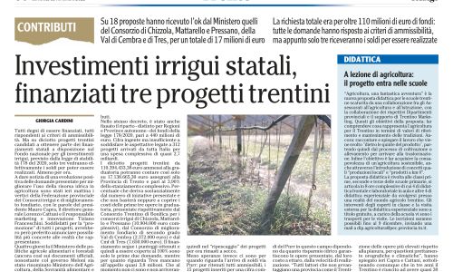 Dalla stampa: «Investimenti irrigui statali, finanziati tre progetti trentini»